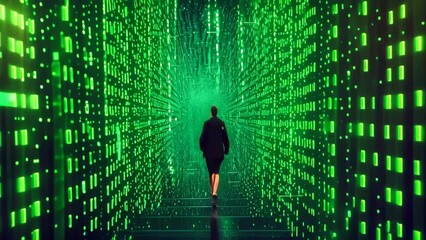 A man is seen walking through a tunnel lined with sequential numbers, creating a visually striking composition, Digital code raining down in a matrix style