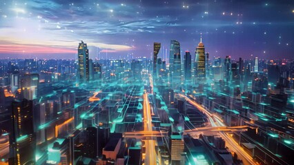 An overhead Video capturing the vibrant cityscape with brightly lit skyscrapers and bustling streets below, Digital construction process of a smart city infrastructure - Powered by Adobe