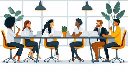 illustration A dynamic group of professionals engages in a collaborative discussion around a table in a modern office