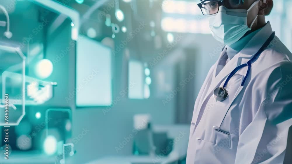Poster a man in a white lab coat carefully analyzes data on a tablet in a well-equipped laboratory, doctor 