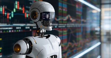 Fototapeta premium AI Trading Robot Analyzing Stock Market, Financial Technology in Investment Strategy, Automated Trading and Fintech