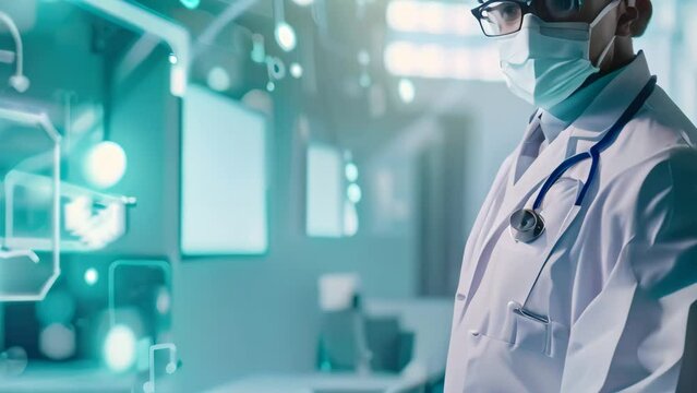 A man in a white lab coat carefully analyzes data on a tablet in a well-equipped laboratory, Doctor using an AI based diagnostic tool