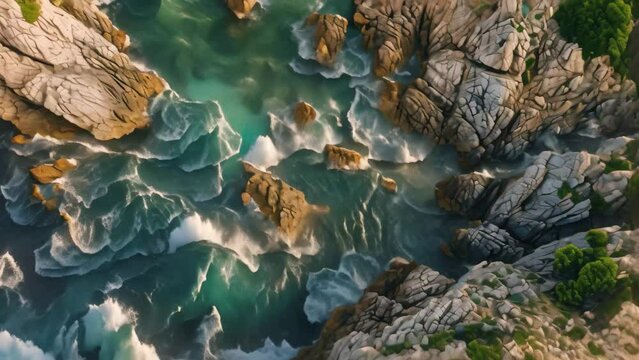This aerial photo captures a majestic rocky coastline meeting the vibrant blue waters, Dramatic aerial scenery of azure sea surrounding rugged rocks