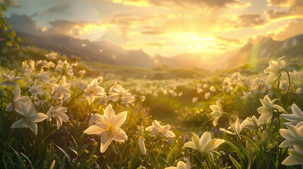 A dreamy landscape of a meadow bathed in golden sunlight, where delicate orchids and lilies sway in the gentle breeze, against a backdrop of distant mountains. 8K