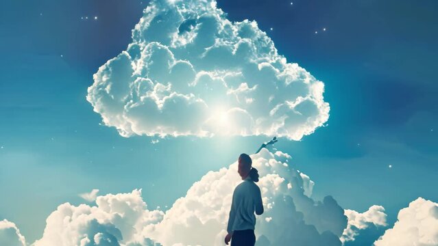 A man stands on a fluffy cloud while a light bulb hovers above his head, Draw a person reaching into a cloud to symbolize data retrieval from cloud storage