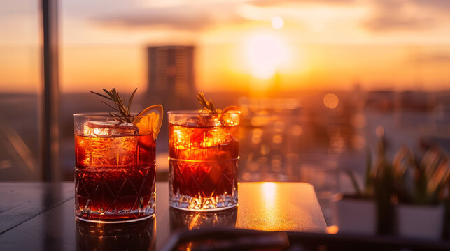 Sunset Ambiance at Rooftop Bar with Elegant Cocktails