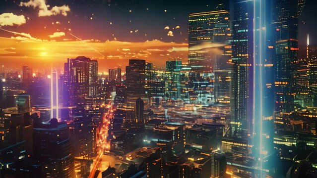 A photograph capturing the illuminated night skyline of a bustling city, showcasing a multitude of towering buildings, Elaborate landscape of a complex cyber attack