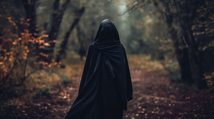 Mysterious figure enshrouded in a black cloak walks down a secluded forest path, shrouded in autumnal colors.