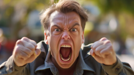 Man yelling, his face showing intense emotion with eyes wide and mouth open.