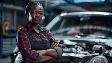 Meet our skilled black female mechanic! Proudly standing in our modern repair garage, she embodies expertise and empowerment