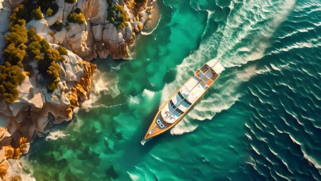 Aerial view of sailing vessel on turquoise sea among rocks