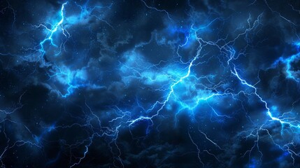 Thunder and lightning on a background with a blue sky. Light thunderstorm with strikes in the dark. Clouds with a powerful electric charge.