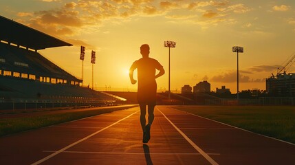 thoughtful athletic man training for sports competition in stadium at sunset determination and endurance creative silhouette - obrazy, fototapety, plakaty