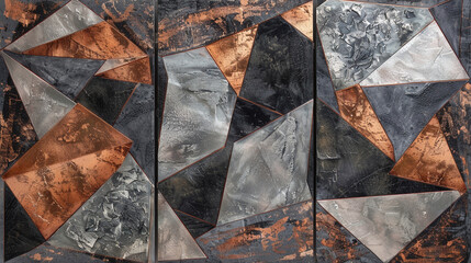 3 Panel Wall Art, Textured Granite with Copper and Platinum Geometrics - obrazy, fototapety, plakaty