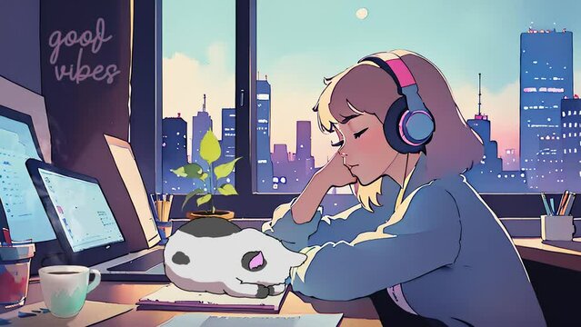 Lofi live wallpaper of girl listening to music with cat on desk. Seamless 2D Looping Animations