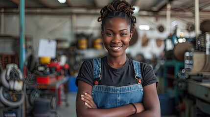Meet our skilled black female mechanic! Proudly standing in our modern repair garage, she embodies expertise and empowerment