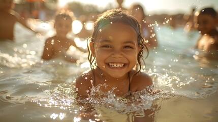 Fototapeta na wymiar Joyful Moments: Kids Frolicking in Sunlit Pool. Concept Summer Fun, Poolside Adventures, Kid's Water Activities, Sun-Kissed Memories