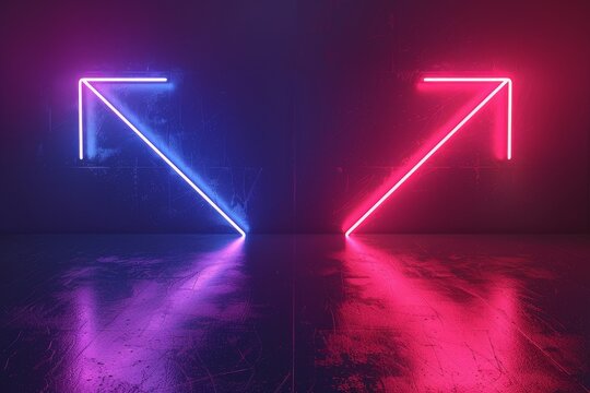 Two neon arrows, one red and one blue, pointing in opposite directions