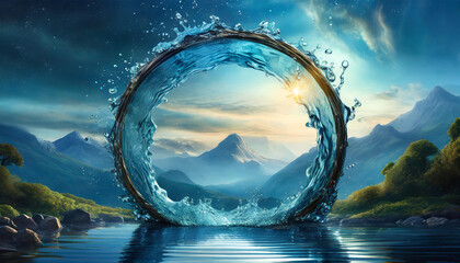 Circle frame made of water. World ocean day. Green plants. Fantasy scenery, Abstract image. - Powered by Adobe