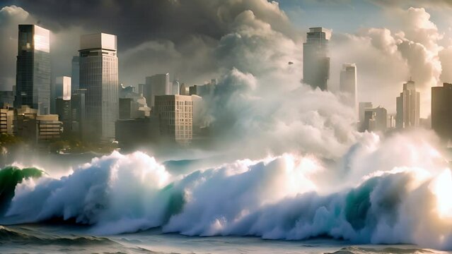 A tsunami wave hits a modern city. Natural disaster concept