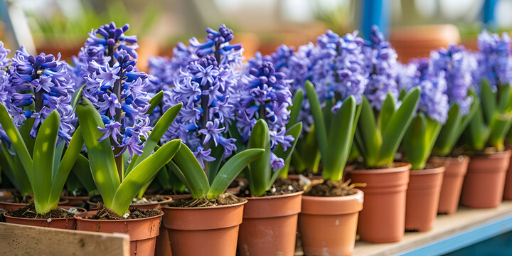 Hyacinths muscari daffodils in pots Bulbous perennial flowers spring flowers in pots many blue violet flowering hyacinths in pots Eco Ocean Canna Lily Plant