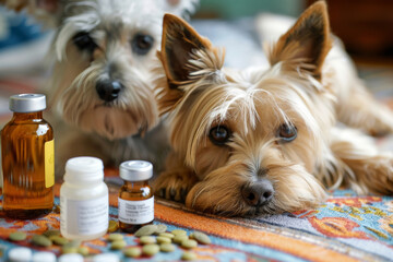 Yorkshire Terriers with Medication on Colorful Textile - obrazy, fototapety, plakaty
