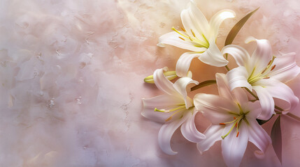 Subtle, pastel background, decorated with delicate white lilies with space for text.