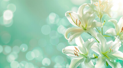 Fototapeta na wymiar Photo of lilies with a subtle pastel background, decorated with delicate white lilies with space for text