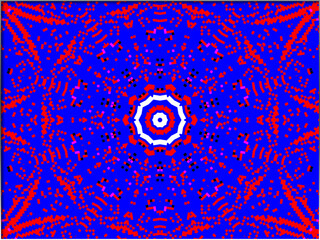 Abstract, Vivid hues of blue and red dominate the digital pattern, which exhibits a kaleidoscopic symmetry from the center, within a border