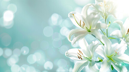 Photo of lilies with a subtle pastel background, decorated with delicate white lilies with space for text