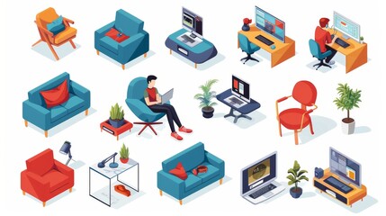 Obraz premium Remote Work Isometric Collection: Work from Anywhere