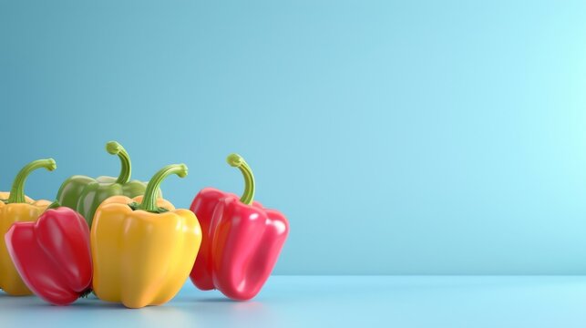 bell peppers A photorealistic illustration against pastel blue background with copy space for text or logo, beautifully illuminated by studio lighting 