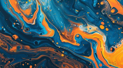 vibrant orange and blue abstract marbling oil acrylic paint background fluid art illustration - obrazy, fototapety, plakaty