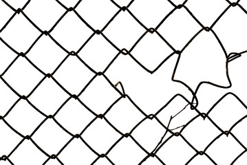 The texture of the metal mesh on a white background. Torn steel, metal mesh with holes