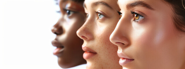 Fototapeta premium Studio, diversity and people with beauty for skincare, inclusion and equality on white background. Cosmetics, empowerment and group of women with thinking for support, identity and dermatology shine