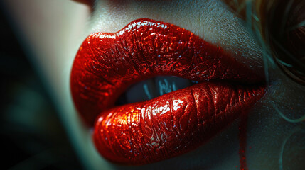 Close-Up of Red Color Lipstick On Beautiful Women Red Wet Lips Background Blur - obrazy, fototapety, plakaty