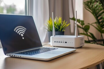 A laptop sits on a table connected to a wifi router - obrazy, fototapety, plakaty