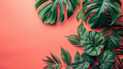 Philodendron Leaves on Vibrant Coral Background - obrazy, fototapety, plakaty
