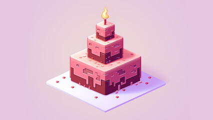 Pink pixel cake on pink background. Happy Birthday greeting card. Holiday concept