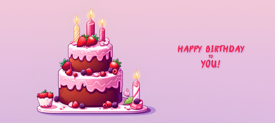 Pink pixel cake on pink background. Happy Birthday greeting card. Holiday concept