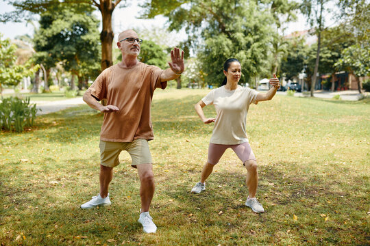 Mature couple enjoying practicing tai chi outdoors - Powered by Adobe