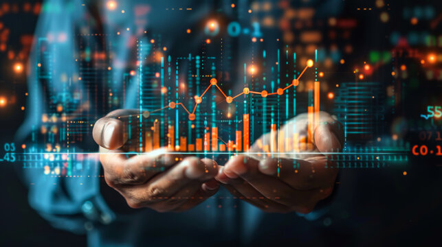 A person is holding a tablet with a graph on it. The graph shows a series of numbers and lines, and the person is holding the tablet as if it were a book. Concept of importance and significance