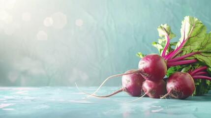 Beets A photorealistic illustration against pastel blue background with copy space for text or logo, beautifully illuminated by studio lighting  - obrazy, fototapety, plakaty