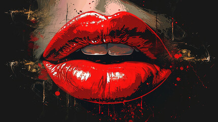 Beautiful Portrait of Woman Lips With Splashed Red Liquid Paint Color Lipstick Oil Painting