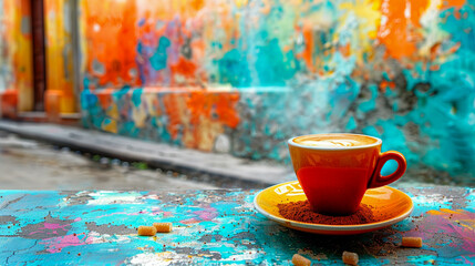 Cuban coffee cascading into a small cup, sketching an enticing silhouette, with sugarcane pieces, against an old Havana street