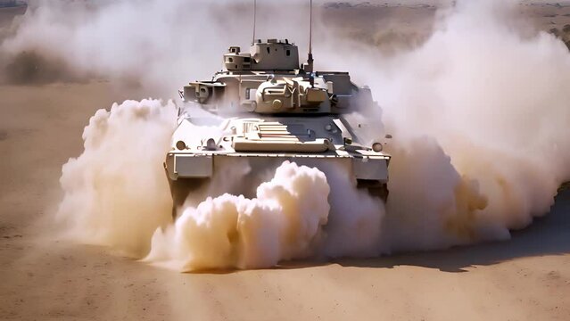 Heavy armored vehicle in a combat clash in the desert