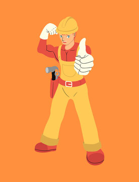 Young man construction worker in yellow and red overalls character.