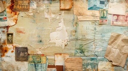 vintage paper texture background with coffee stains old postcards and stamps collage retro scrapbook style