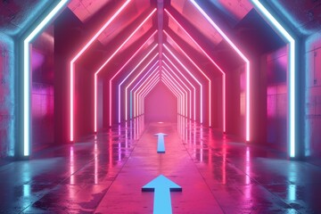 A neon tunnel with a blue arrow pointing to the right
