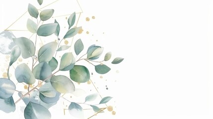 watercolor bouquet of green eucalyptus leaves and golden geometric shapes wedding invitation illustration